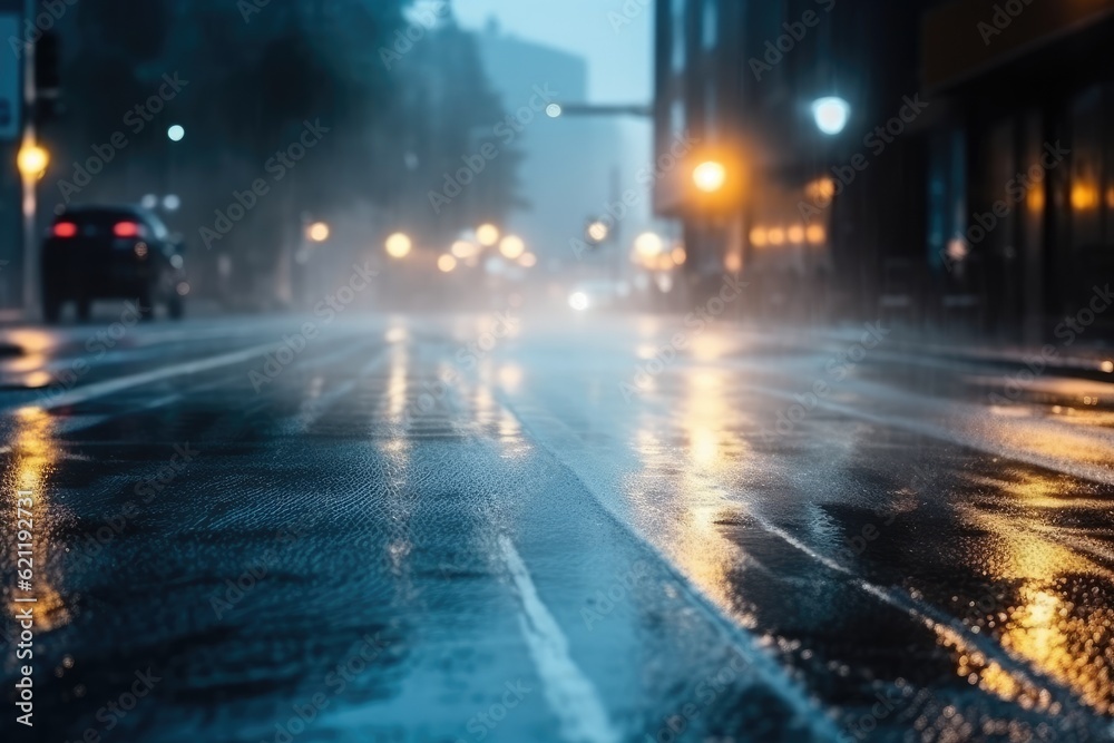 rainy urban night scene with cars on a wet street. Generative AI rainy urban night scene with cars on a wet street. Generative AI