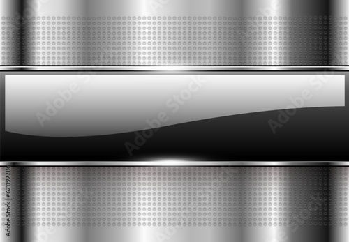 Abstract background with a silver grey metallic  banner on a gray dotted background.