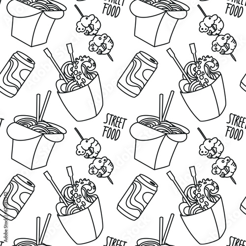 Asian street food. Ramen, noodles and other dishes. Monochrome design. Seamless pattern. Vector.