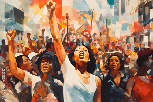 protesting people in the street with raised fists, colorful painting made with generative ai
