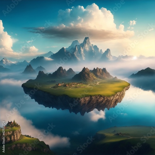 Amazing fantasy scenery with floating islands, house, field on cloudy background. Digital painting illustration created with Generative AI technology.