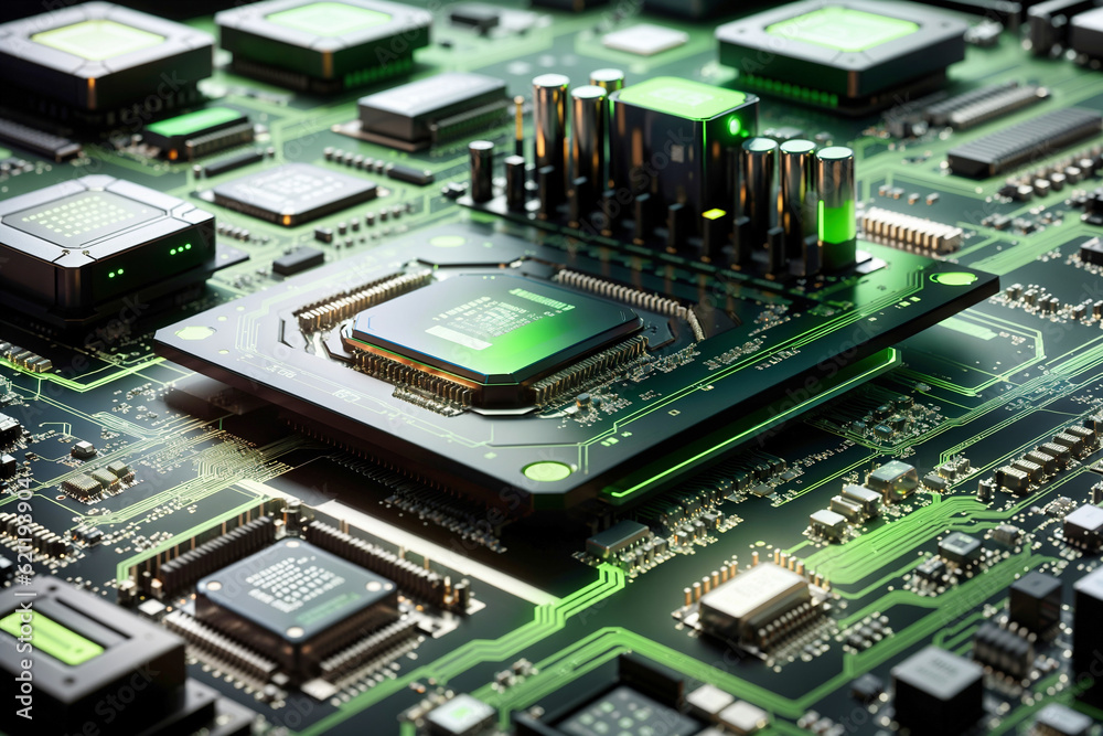 Close-up view of a modern GPU card with circuit and connections 3D rendering