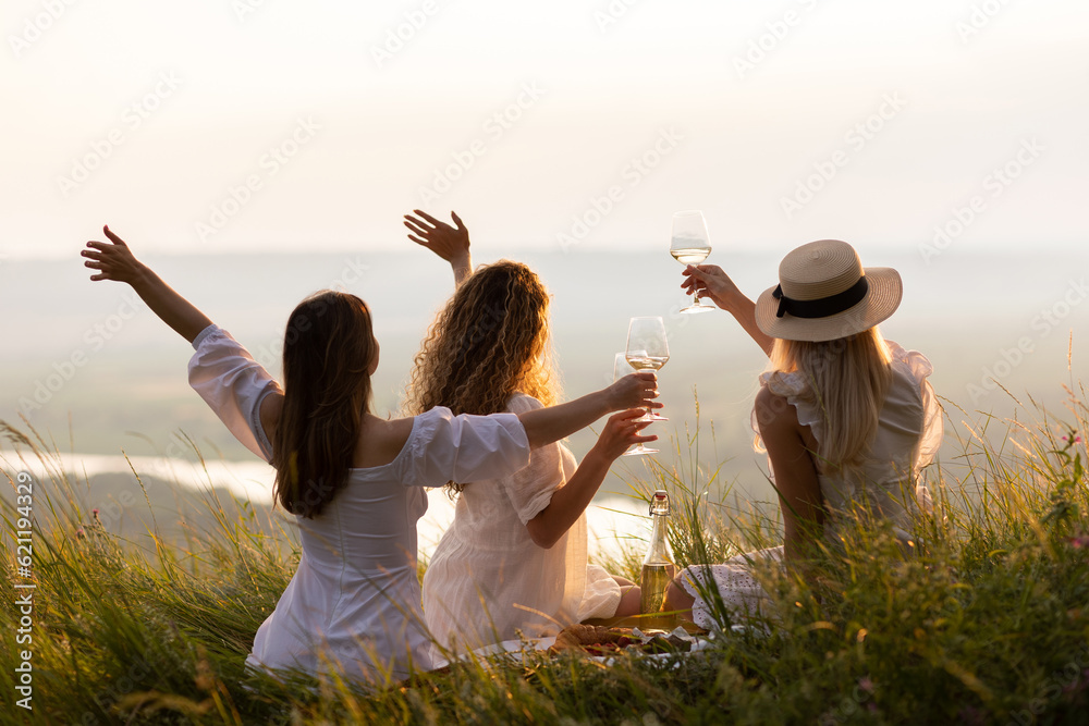 Young female friends having fun, raising glasses with wine and enjoy beautiful sunset at summer picnic on the mountain.
