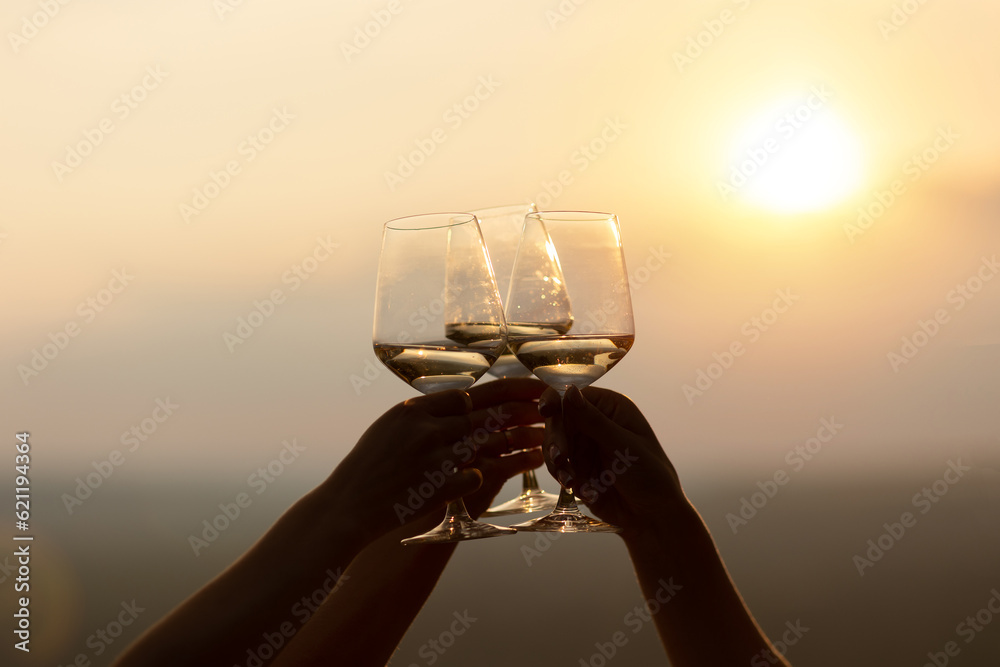 Group of friends with white wine in hands clinking with glasses. Close-up of hands and drinks. Beautiful scenic sunset.