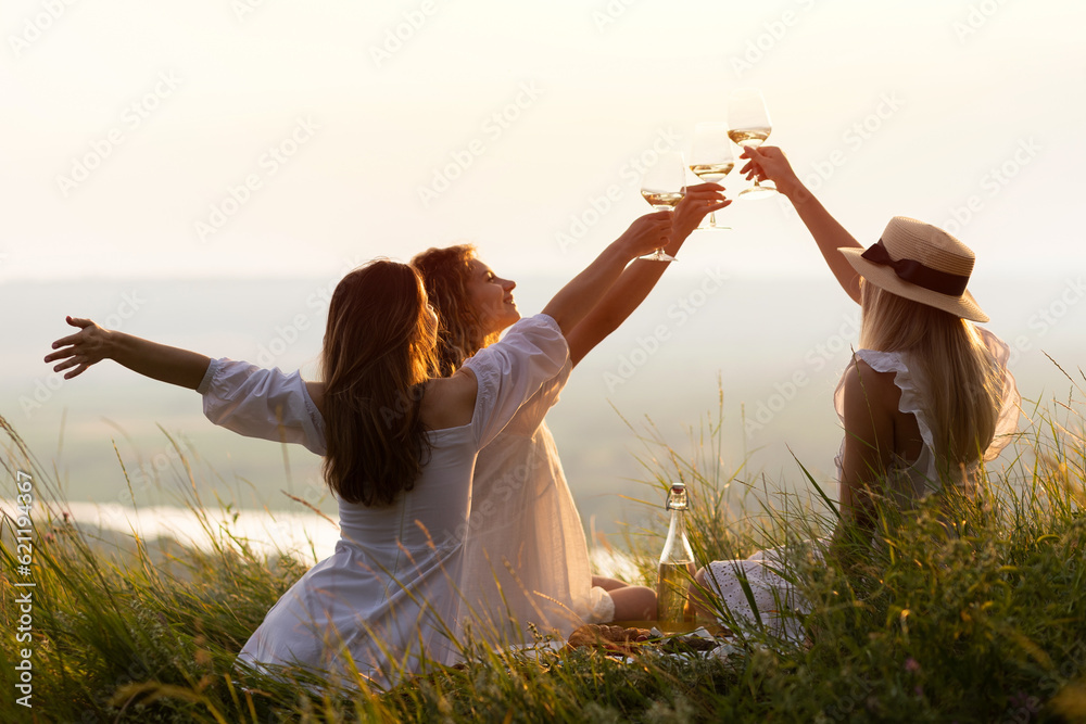 Happy women in the park in evening sunlight. The lights of a sun. The company of female friends enjoys a summer picnic and raise glasses with wine.