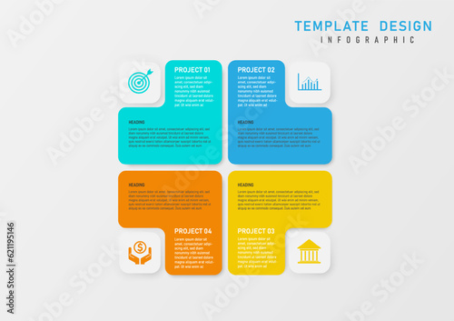 infographic simple template 4 business project multiple squares with black and white letters In the corner there is a white button with an icon. gray gradient background