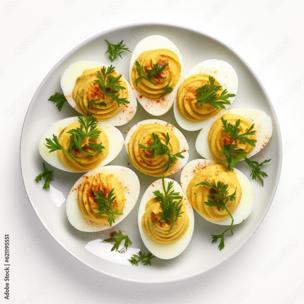 deviled eggs on a white plate created using generative Ai tools