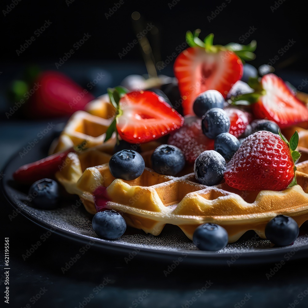 Whole wheat Belgium waffle with freshly blueberies and chopped strawberries