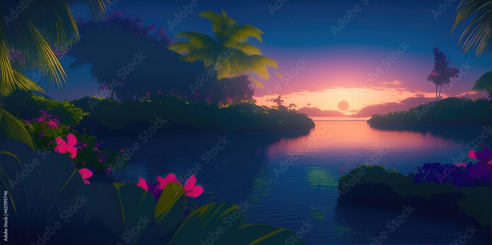Summer landscape, palm trees and flowers on the shore in the evening. Summer landscape, palm trees and flowers on the shore in the evening.