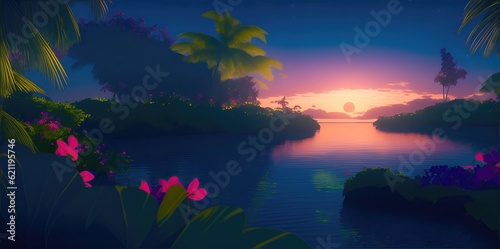 Summer landscape, palm trees and flowers on the shore in the evening.