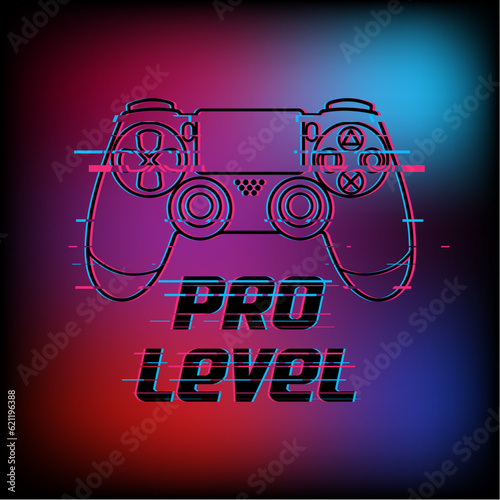 Gaming controller, Pro Level gamer glitch vector art