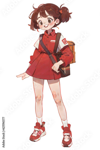 A cartoon illustration of a young delivery woman carrying packages for delivery in a bag