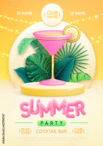 Summer disco party poster with 3d stage, tropic leaves and cosmopolitan cocktail. Colorful summer beach scene. Vector illustration