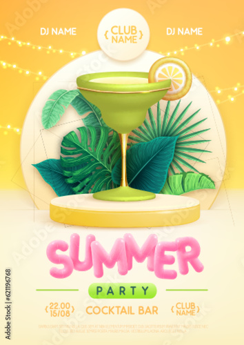 Summer disco party poster with 3d stage, tropic leaves and margarita cocktail. Colorful summer beach scene. Vector illustration