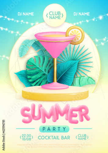 Summer disco party poster with 3d stage, tropic leaves and cosmopolitan cocktail. Colorful summer beach scene. Vector illustration