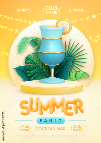 Summer disco party poster with 3d stage, tropic leaves and blue lagoon cocktail. Colorful summer beach scene. Vector illustration