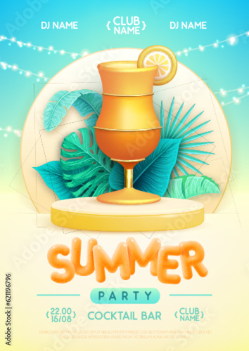Summer disco party poster with 3d stage, tropic leaves and tequila sunrise cocktail. Colorful summer beach scene. Vector illustration