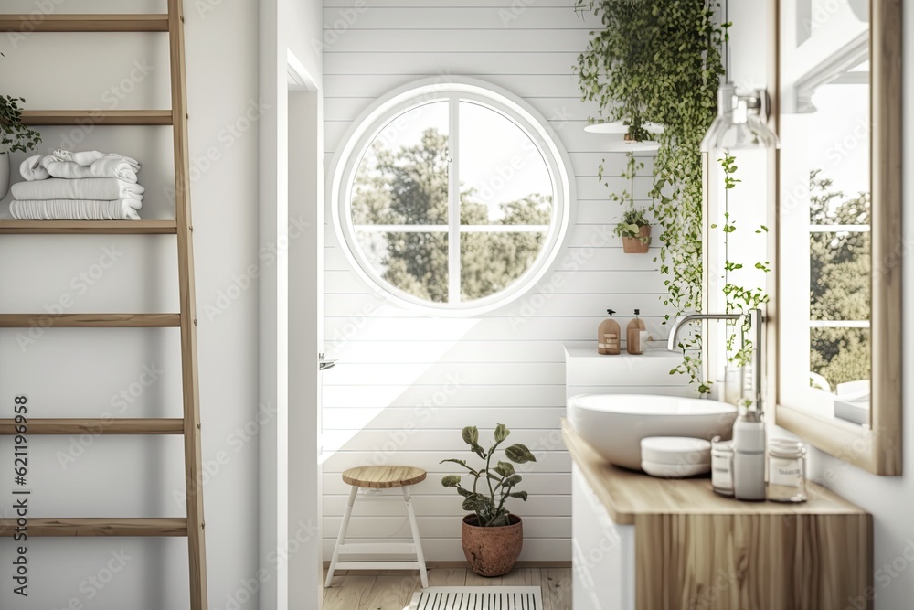 modern bathroom with a circular window and a minimalist sink. Generative AI modern bathroom with a circular window and a minimalist sink. Generative AI