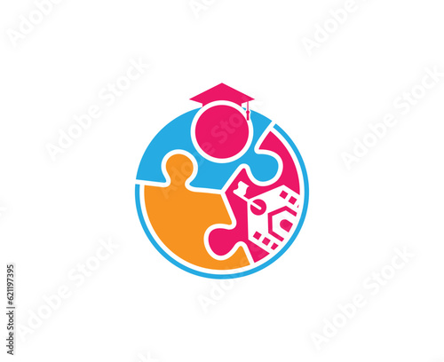  smart kid logo design with happy child concept. Children Teamwork Logo in Puzzle