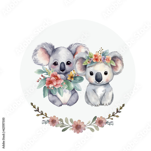 Canvas Print Portrait of two cute koalas with tropical flowers