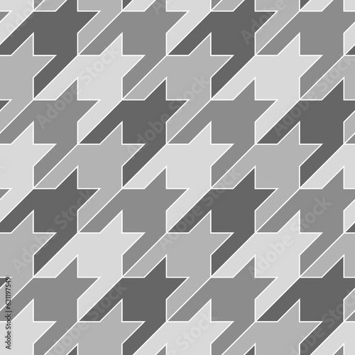 Seamless surface pattern design with houndstooth material ornament. Tooth figures wallpaper. Fabric background. Cloth mosaic motif. Digital paper, textile print, page fill, web designing. Vector art.