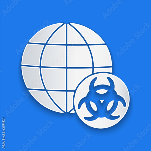 Paper cut GMO icon isolated on blue background. Genetically modified organism acronym. Dna food modification. Paper art style. Vector