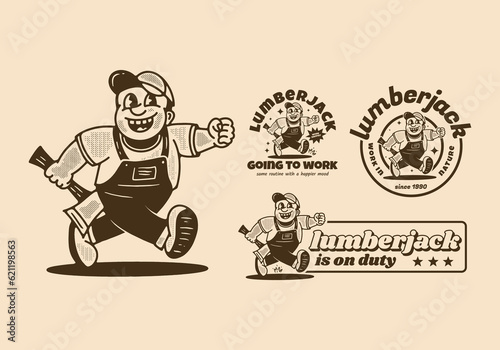 Vintage drawing of the mascot character design of running lumberjack holding ax