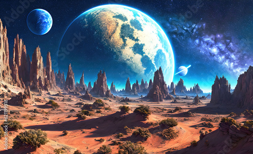 Landscape of an alien planet  view of another planet surface  science fiction background.