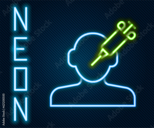 Glowing neon line Addiction to the drug icon isolated on black background. Heroin, narcotic, addiction, illegal. Sick junkie with a syringe and medical pills. Colorful outline concept. Vector