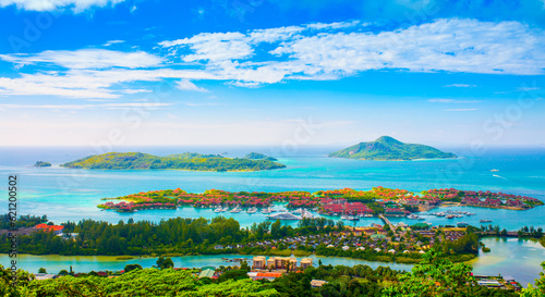 Beautiful nature of the sea tropical landscape. Exotic tropical nature of the Seychelles, a white beach surrounded by palm trees and granite rocks.