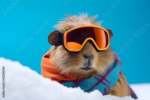 Capybara in snowglasses ski goggles on blue and snow background © Taborisova