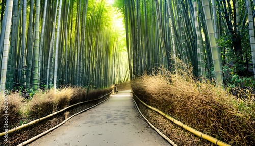 A beautiful path through a bamboo forest  way  forest  nature  path  trees  wood  park  environment  bamboo  outdoors  way  tree  landscape  woods  leaves  leaf  plant  grass  AI Generated