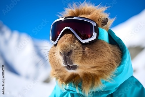 Cute Capybara in snowglasses ski goggles on natural mauntains background © Taborisova