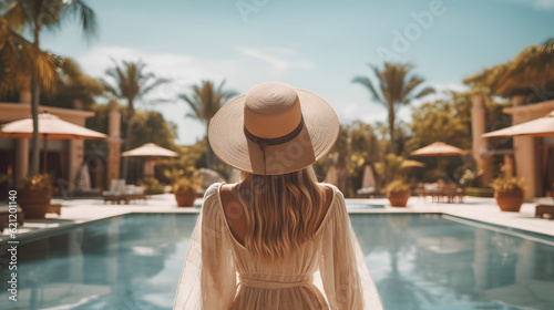 Back view of young stylish woman with long blond hair wearing straw hat on her vacation at a beautiful resort, standing by a warm summer swimming pool with blue water on a sunny day. Vacation, © Prasanth