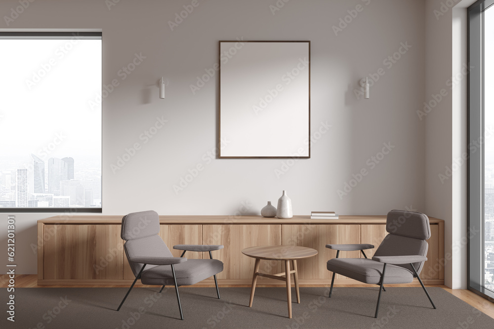 Fototapeta premium Cozy relax room interior armchairs and drawer with decor, window. Mockup frame