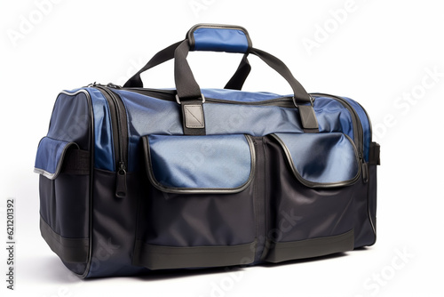a travel bag on isolated white background. closeup, hightly sharpen, generative ai