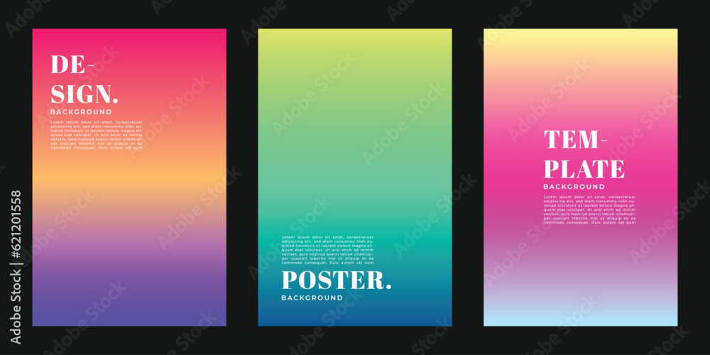 Colorful gradient background template copy space set. Colour gradation backdrop design for poster, reference, cover, banner, brochure, leaflet, or magazine.