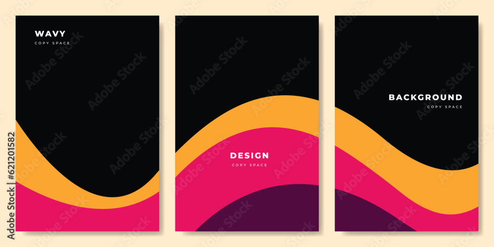 Colorful wavy and fluid vertical background template copy space set. Flat dynamic backdrop design for poster, banner, cover, magazine, brochure, leaflet, or booklet.