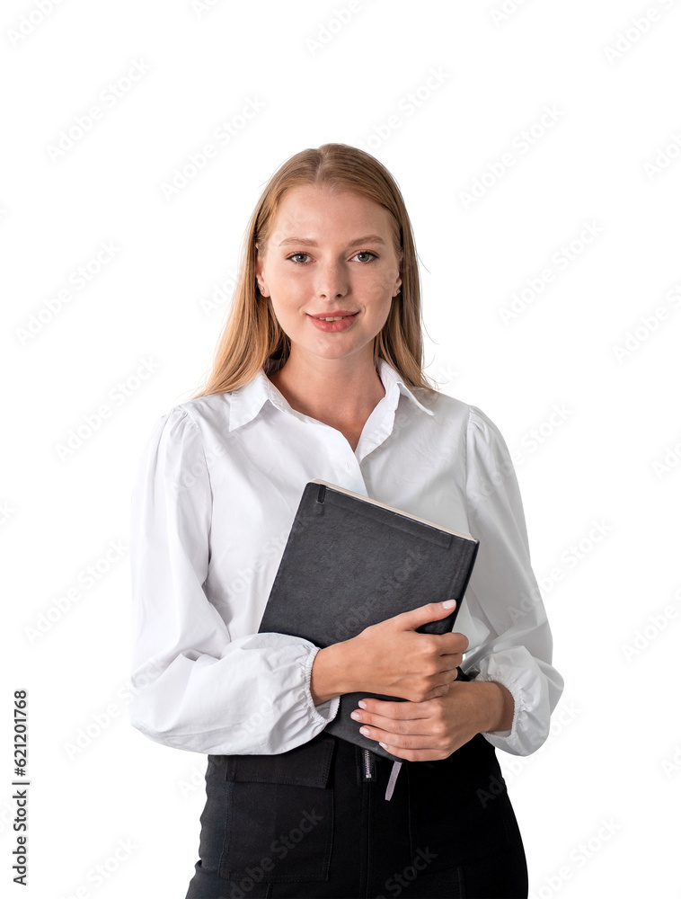 Young businesswoman with notebook smiling, isolated over white background Young businesswoman with notebook smiling, isolated over white background