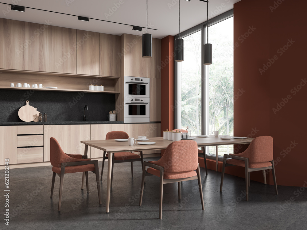 Stylish home kitchen interior with cooking and eating corner, panoramic window Stylish home kitchen interior with cooking and eating corner, panoramic window