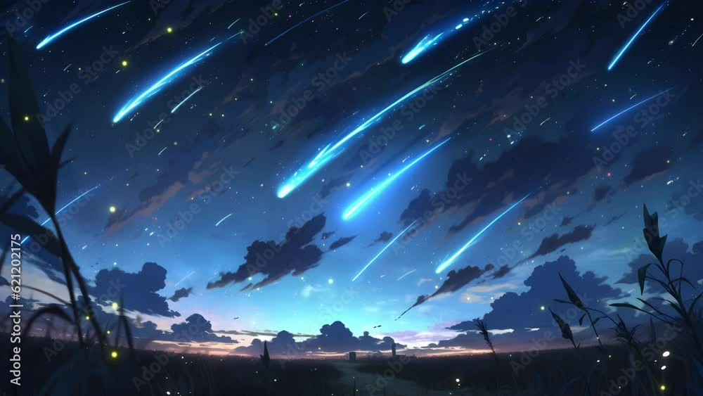 Meteor streak across the vast sky at night. Japanese anime background. Seamless looping video