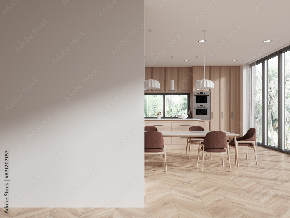 Fototapeta premium Modern wooden kitchen interior with empty mock up place on wall and window with view and daylight. 3D rendering.