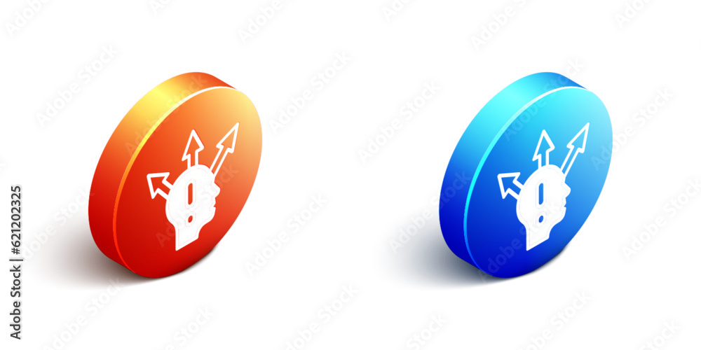 Isometric Project team base icon isolated on white background. Business analysis and planning, consulting, team work, project management. Orange and blue circle button. Vector