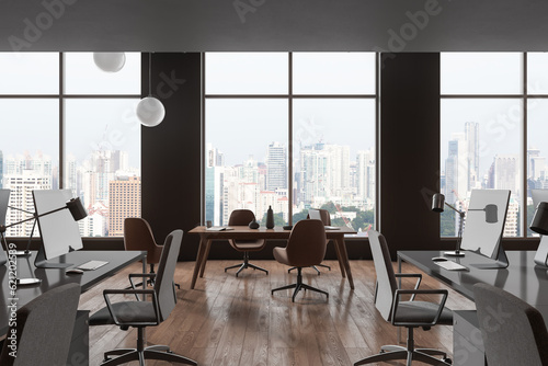 Photography Modern office room interior with coworking and meeting area, panoramic window