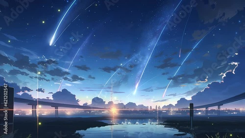 Meteor streak across the vast sky at night. Japanese anime background. Seamless looping video