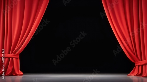Empty stage with royal silk red stage curtain for theater, opera scene drape, Generative AI