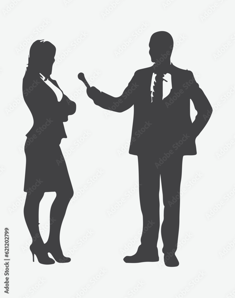 Intriguing Encounters, Silhouettes of Businesswoman and Male Reporter Engaged in a Captivating Interview
