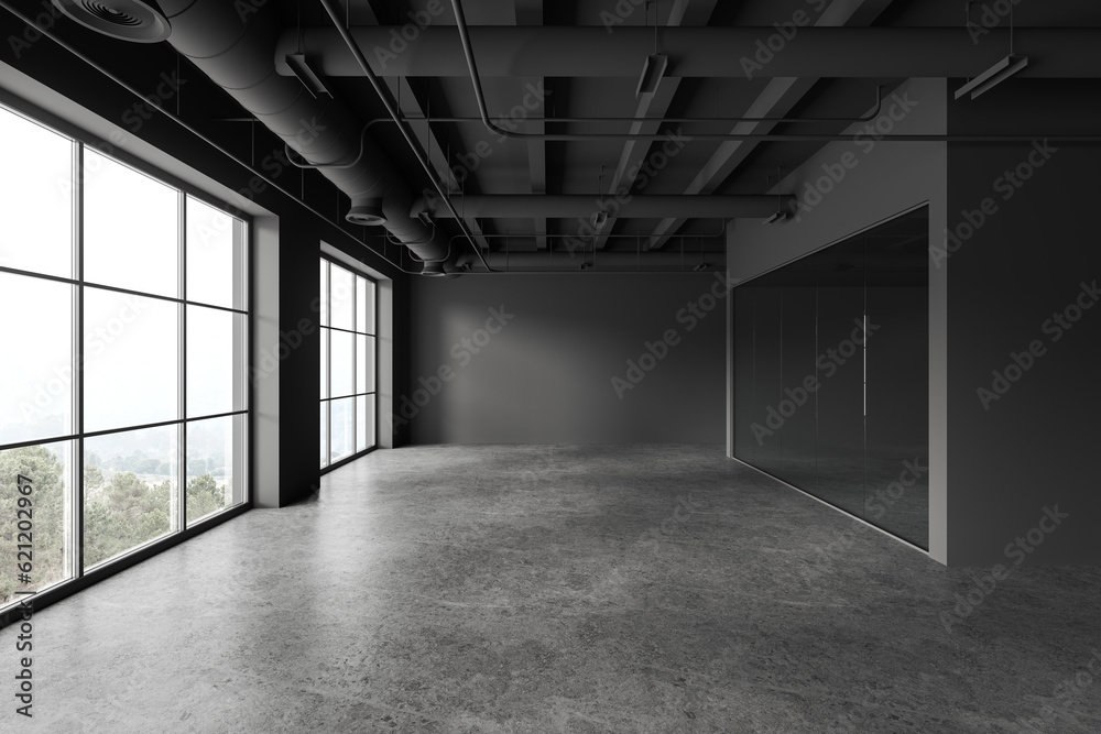 Empty gray office hall with blank wall Empty gray office hall with blank wall