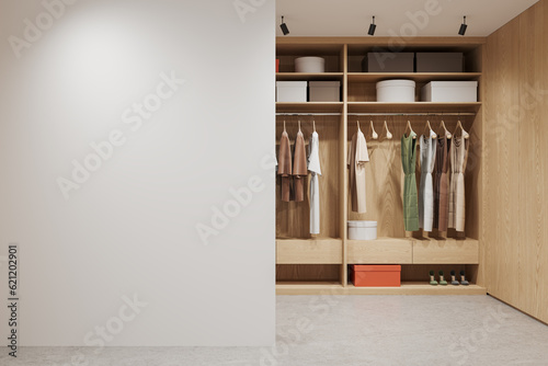 Modern wardrobe interior clothes hanging on rail, mock up wall © ImageFlow