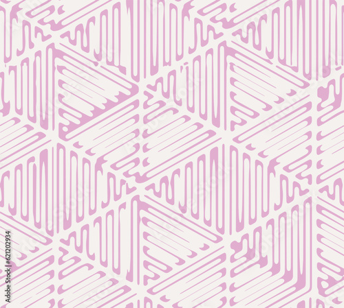 Fondant pink white colours traingle hand abstract draw minimal seamless geo pattern in vector . Shibori print. Watercolour stripe batik. Handmade shirt tie dye Japan traditional tile.